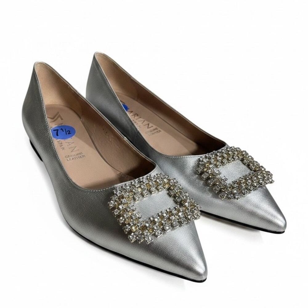 Marian Luxury Spanish Footwear Silv Metallic Pointed-Toe Flat Rhinestone Buckle